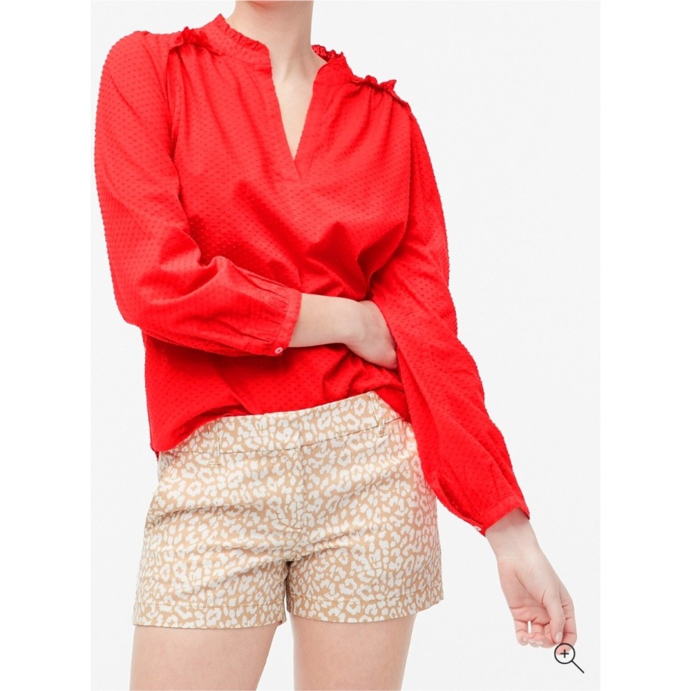 J.Crew Red Swiss Dot Ruffle Neck Long Sleeve Blouse Small V-Neck Cotton Top NWOT